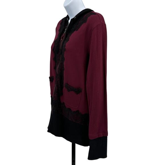 Evy's Tree Hoodie Womens L Maroon Black Zip-Up The Jacquelin Lace Trim Whimsy - Picture 5 of 8
